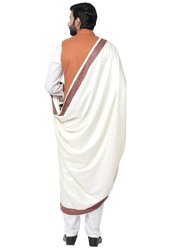 Men's Kashmiri Woven Border Woolen Lohi Shawl Stole Wrap White 50" X 100" - Изображение 4 из 4