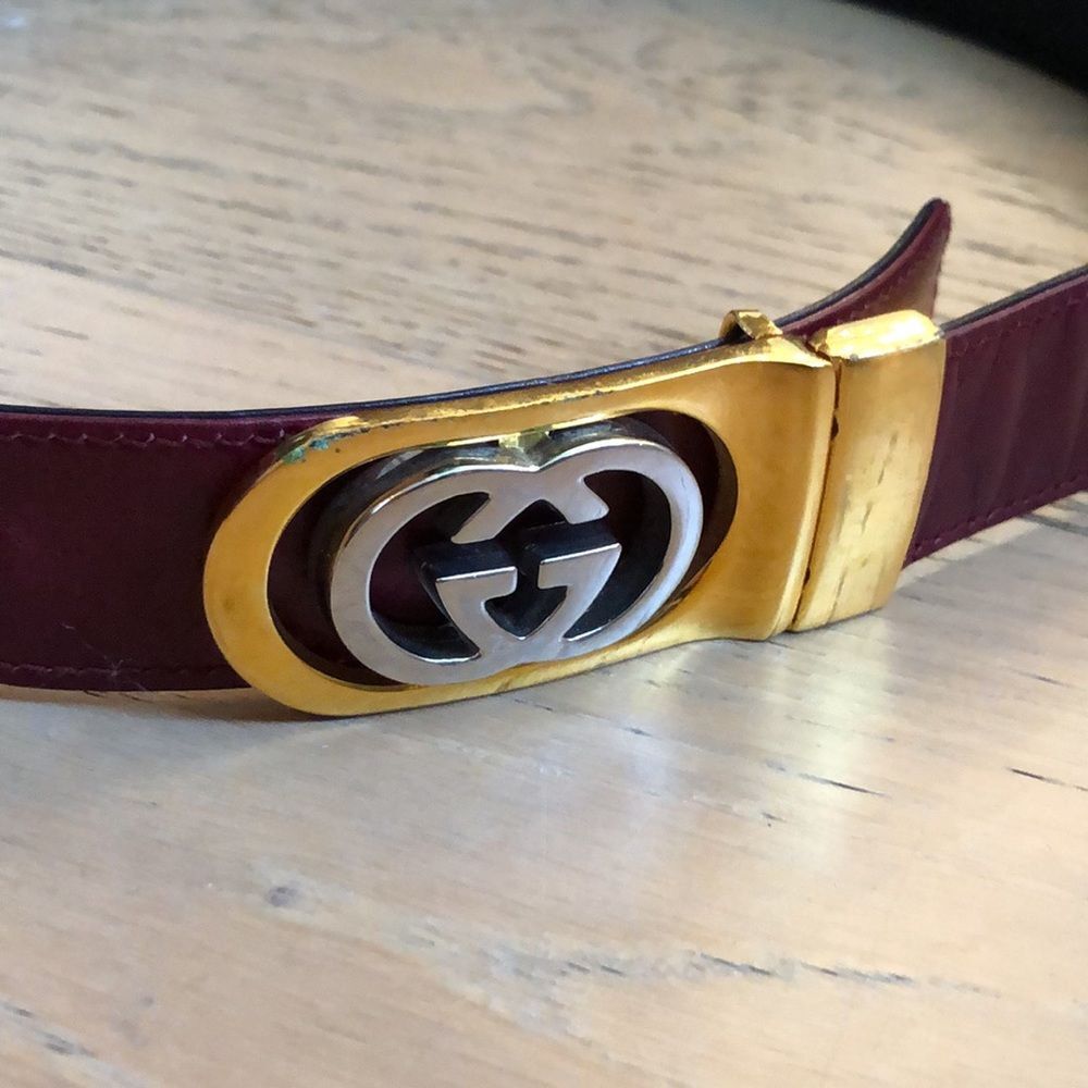 Authentic GUCCI burgundy leather belt with gold/silver tone  display picture 2