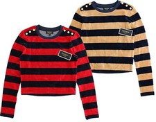 Juicy Couture Velour Top Black Label Women's Long-Sleeve Stripe Shirt, WTKT86105