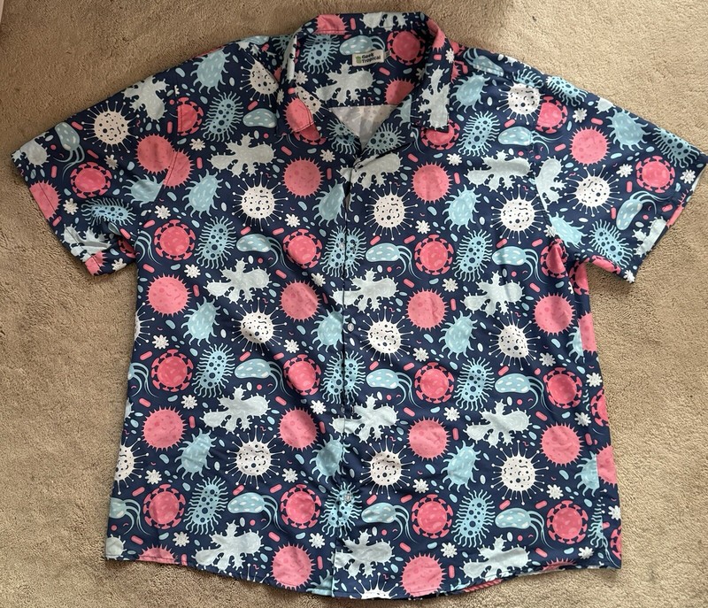 Geek Tropical, Blue White Pink “Germ” Button Up 3XL