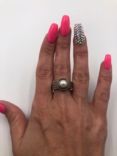 Stunning Sterling Silver Vintage 925 Cocktail Faux Pearl Ring 309