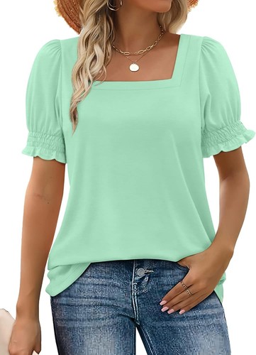 Womens Summer Casual Top Square Neck Ruffle Sleeve Lightweight T Shirt Blouse