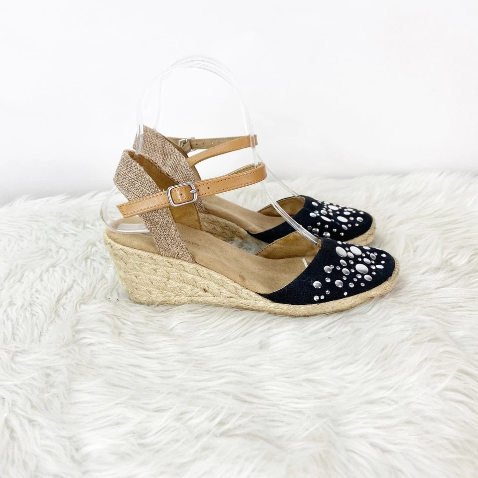 White Mountain 6 Womens Black Stud Canvas Ankle Strap Espadrille Wedges - Image 2 of 4