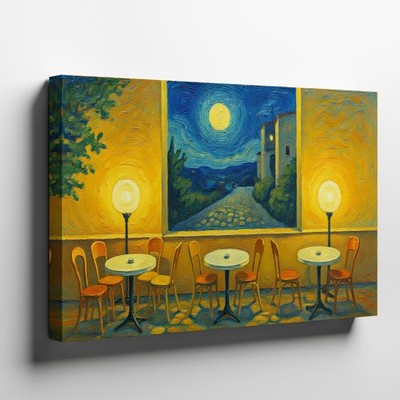 Moonlit Outdoor Cafe Scene Canvas Wall Art Romantic Night Landscape Print Decor