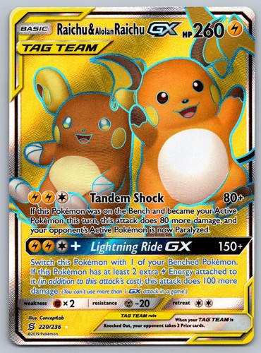 Raichu & Alolan Raichu GX Full Art Holo Ultra Rare SM - Unified Minds 220/236 NM