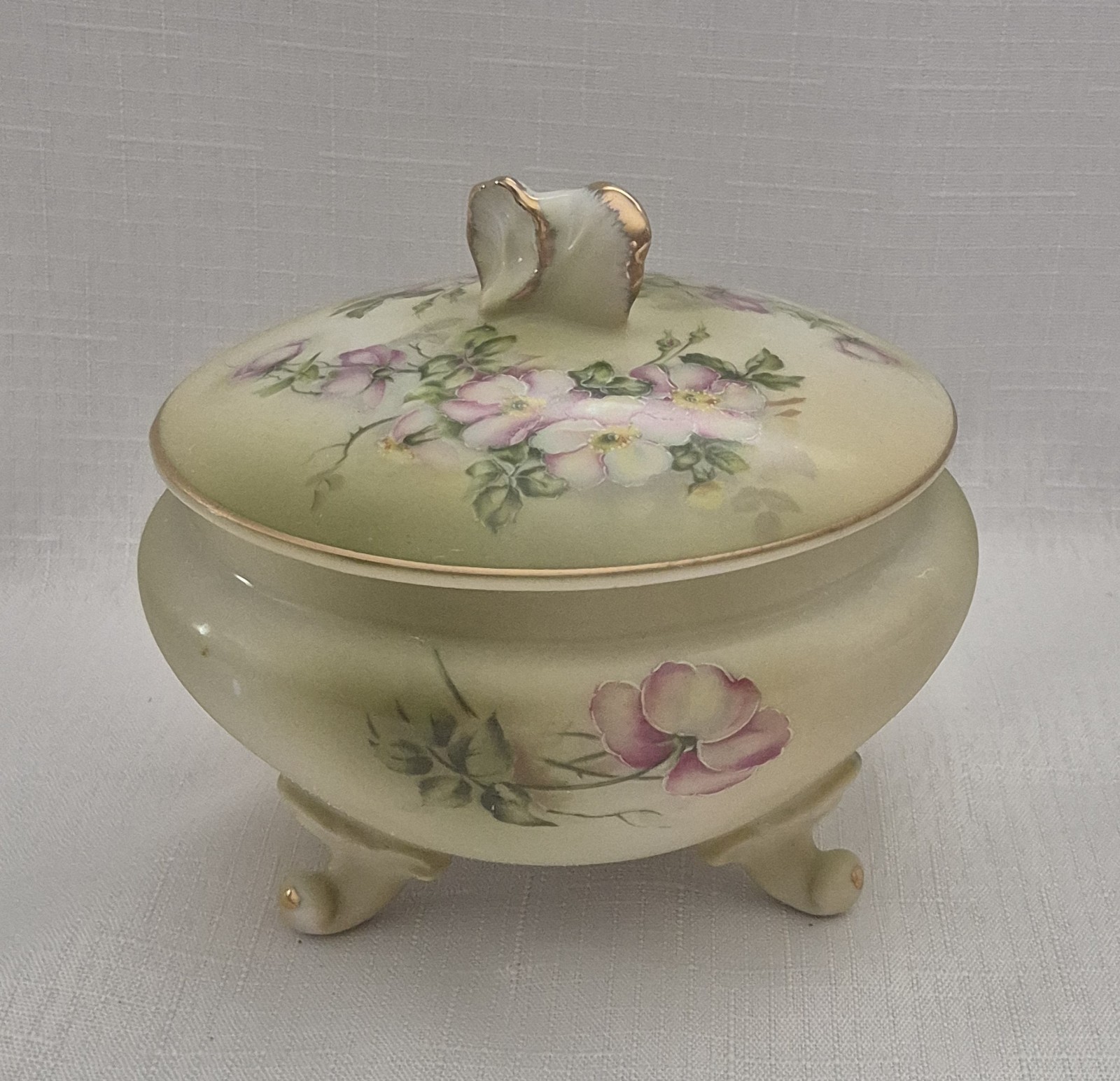 Vintage Nippon Porcelain Green Floral Dresser Vanity Jar EUC Free Ship