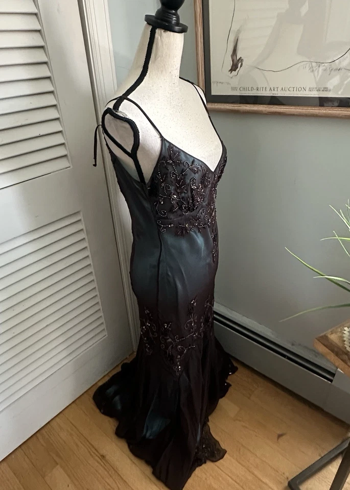 Vestido Papell Vintage Mujer 12 Vestido Azul Marrón Cuentas Y2K Hada Gótico Capricho Foto 3 de 4