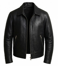Men's Black Minimalist Sheepskin Leather Jacket Shirt Collar Casual Leather Coat