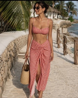 Reformation Alana Two Piece Set Tomato Check Size 12 Vacation Resort