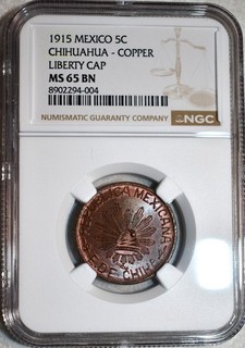 NGC MS 65 BN 1915 Chihuahua Copper Liberty Cap Mexico 5 Centavo Gorgeous Gem!