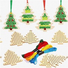 Wooden Stitched Tree Ornaments - 10pc Cross Stitch Kit for Creative Tree Decorat