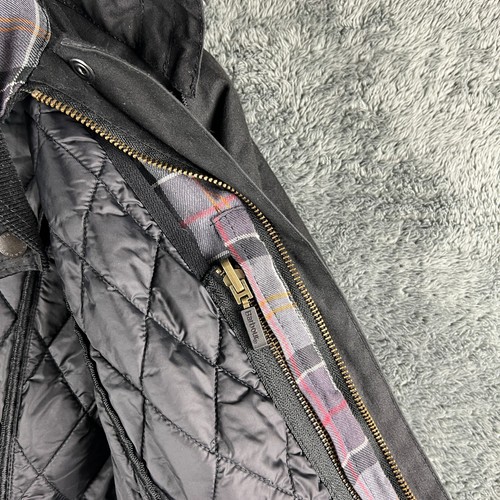 Barbour Beadnell Wax Jacket Womens Size 12 Black Tartan Hooded Full Zip Lining - Picture 9 of 23