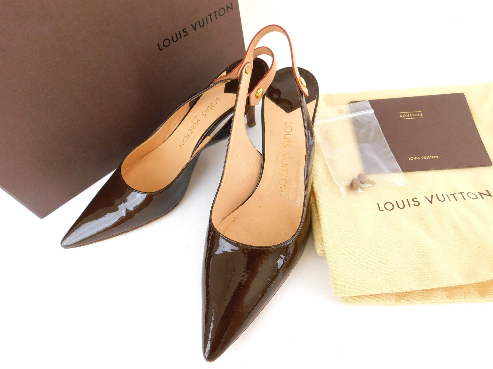 Louis Vuitton brown patent leather sling back heels 39.5 Authenticated