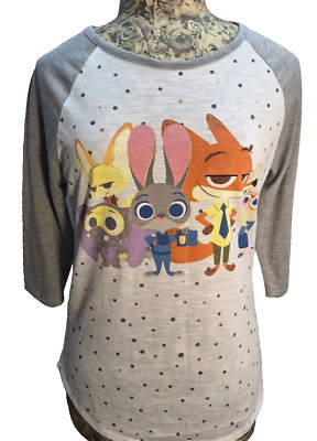 DISNEY Zootopia Girls White Gray Graphic 3/4 Sleeve Tee Shirt Size XL