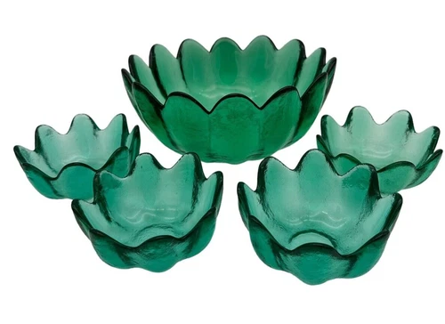 Blenko Glass Teal Green Salad Bowl Set Made in USA Master Bowl and 4 Salad