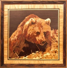 Grizzly bear wood mosaic portrait eco gift inlay framed panel wall hanging