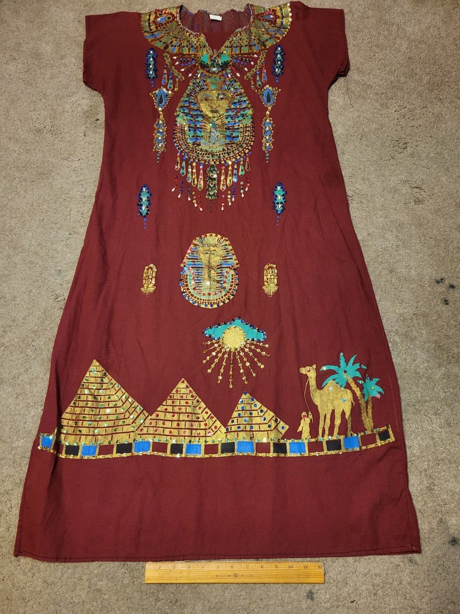 Egyptian Tut Caftan/Moo Moo Burgundy Dress, Beads Sequins Pearls Made in Egypt. View 2