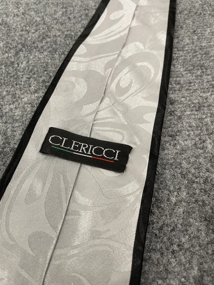  Clericci 意大利领带男式手工条纹白色黑色灰色领带 4x56 英寸 N48 — 第 4/4 张图片