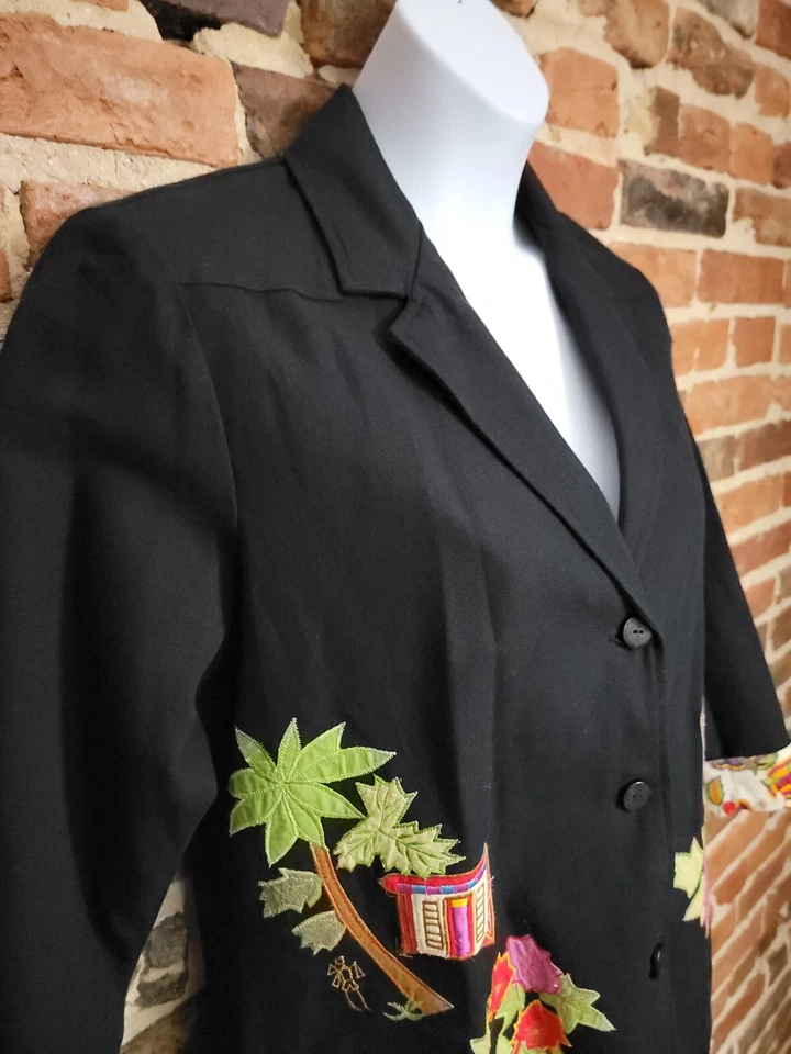 Hearts Of Palm Blazer Jacket Women 12 Black Embroidered Floral Single Breasted - Image 3 of 4