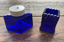 Vtg Parker Cobalt Blue Glass Ink Bottle Diamond-Shape, And Free Toothpick Holder