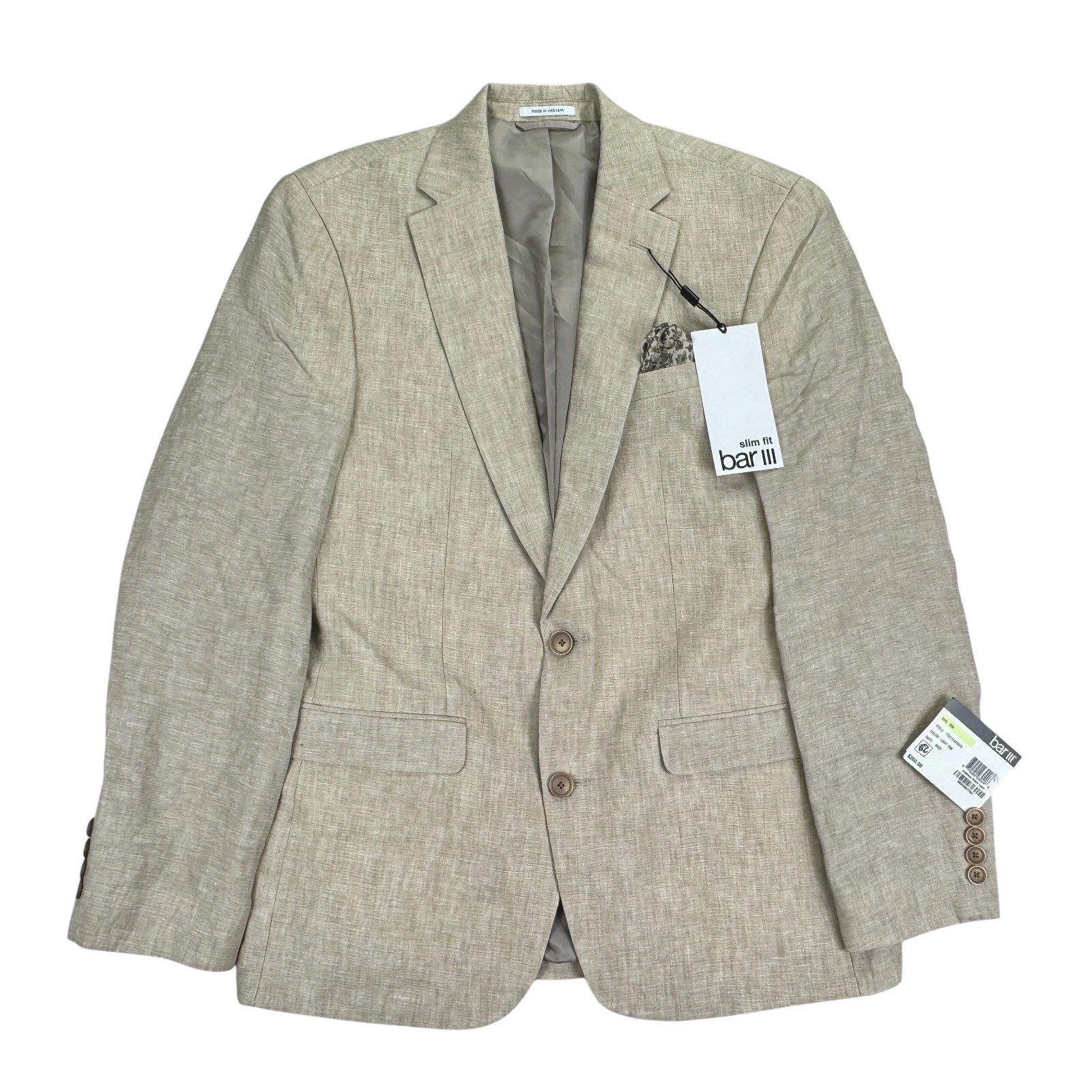 Bar III Mens Slim Fit 100% Linen Solid Suit Jacket Tan 38R