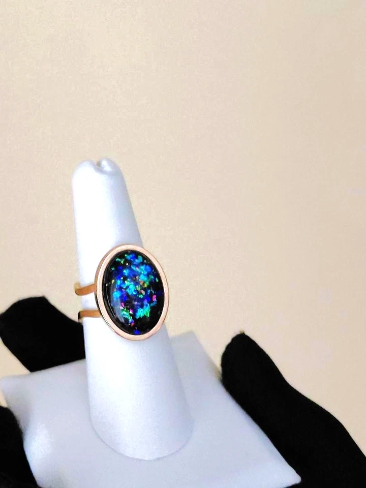Opal Ring Royal Blue Resin Opal 13x18mm 18KGP Rose Gold, Stainless-Steel Band - Image 3 of 4