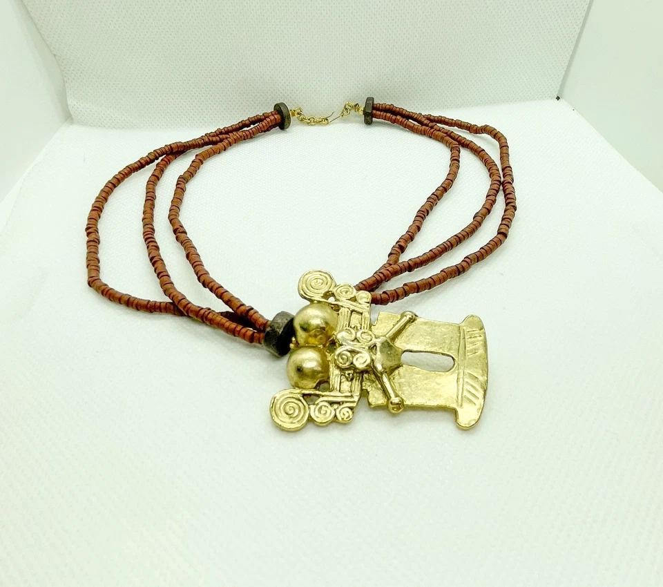 Collar Colgante Dios Azteca Maya Sudamericano De Colección Tono Dorado Ceremonial Foto 2 de 4