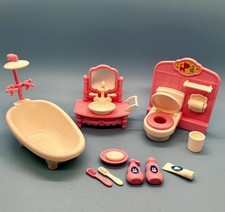 Miniature Dollhouse Bathroom Set 1:12 Pink Tub Vanity Toilet 11 Piece Set NEW