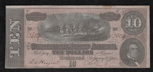 1864 $10 Confederate States of America Note "Crisp New Stain" - Picture 1 of 2