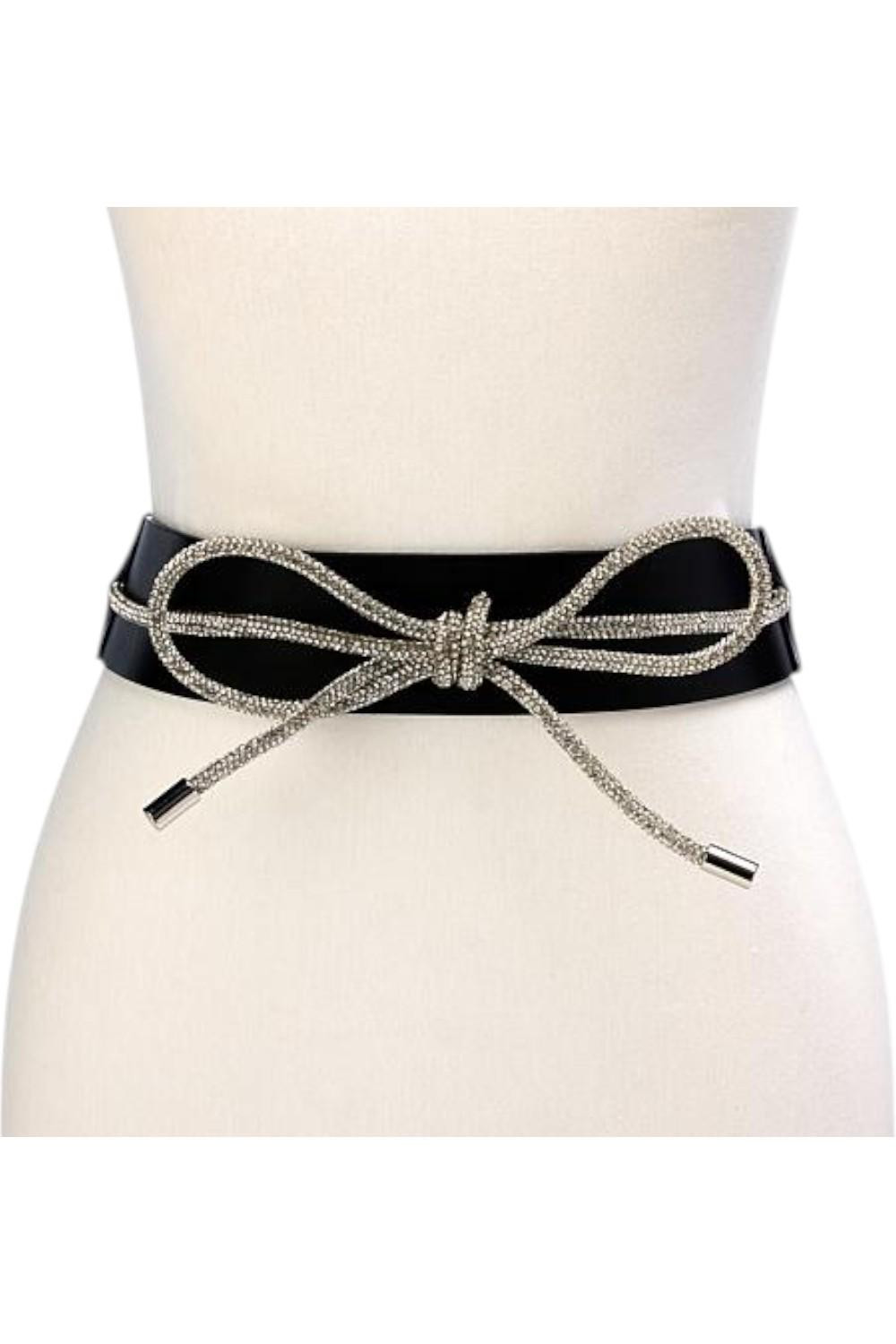 Antthony Crystal Rhinestone Bow Stretch Belt Black