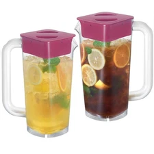 2 Pack 2 Liter Plastic Square Pitcher with Lid & Handle for Juices & Drinks
