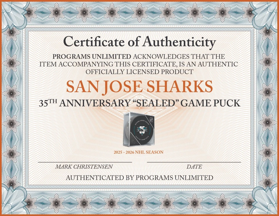 2025 SAN JOSE SHARKS 35 ANIVERSARIO JUEGO DISCO CUBO NHL HOCKEY CERTIFICADO DE AUTENTICIDAD SELLADO Foto 4 de 4