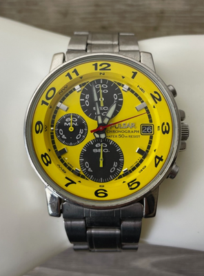 #ad Vtg 1990’s Pulsar Chronograph Men’s Watch V657 7070 Rare Yellow Dial $69.99