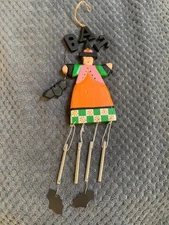 Primative Wooden Witch Wind chime signed by Artist Halloween Decor