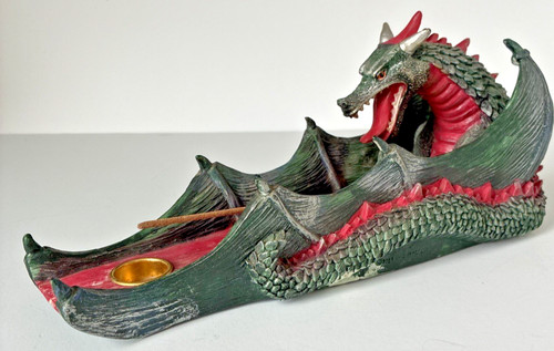 Dragon Incense Burner Holder Fantasy Medieval Resin 12” L 5” H Red Green