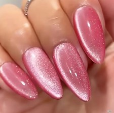 24pcs Fake Nails with Dazzling Cat Eye Design, Medium-Sized Almond-Shaped PINK