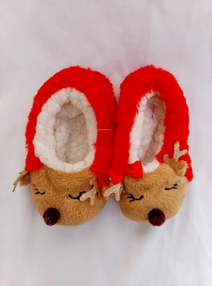 Zapatillas de dormitorio Sherpa forradas de reno rojo y marrón para niñas pequeñas talla 4 Foto 4 de 4