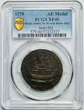 1779 Colonial Rhode Island Medal PCGS XF-40 No Wreath Below Ship Betts-562 RARE!