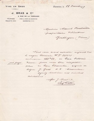 94 CHARENTON, dealer, BRAS J & CIE 1917 wines, wholesale