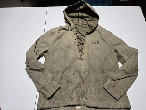 Vintage USN Military Poncho Rain Jacket Pullover Lace Up Small Distressed WWII