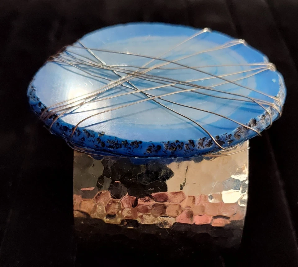 Brazalete Brazalete Vintage Tono Plata Geoda Rebanada Ágata Azul Bohemia Bruja Occidental Foto 4 de 4