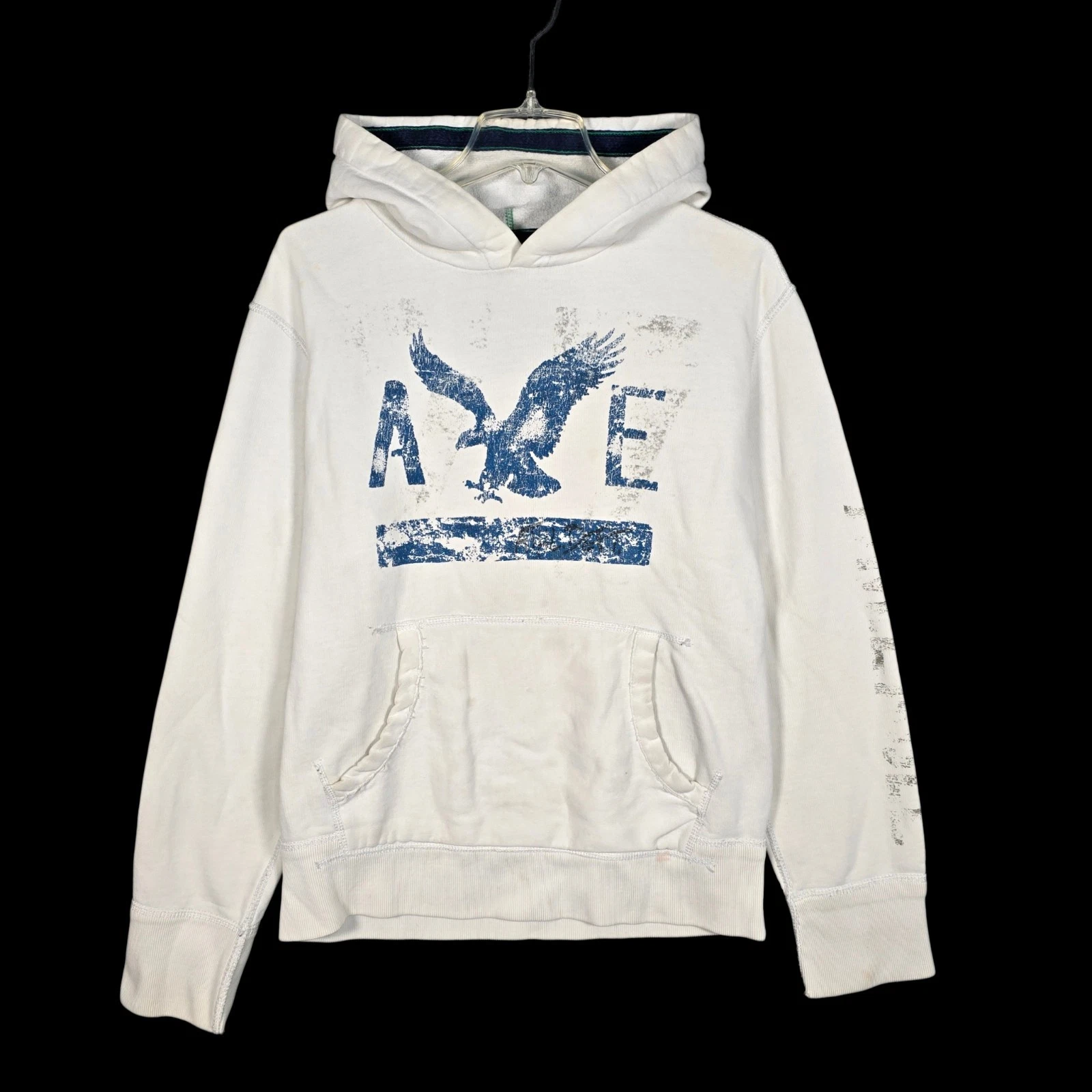 Vintage Y2K American Eagle Hoodie Mens Medium White Eagle Fleece Sleeve Logo