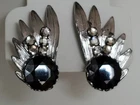 Vintage Miriam Haskell Signed Feathe Screw Back Earrings Silver Tone Rhinestones