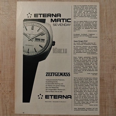 Eterna Matic Sevenday 1971 Uhr Vintage Advert Werbung Anzeige Reklame yellowed