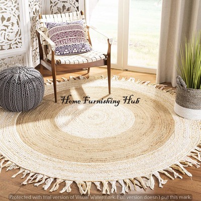 Handmade Jute Cotton Rag With Tassels Rugs Mat Braided Reversible Round 5 X Ft Handmade Jute Cotton Rag With Tassels, Round 5 Rug