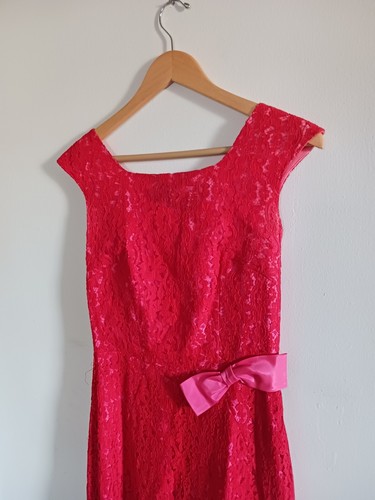 VTG Red Lace Long Formal Dress 60s Gown Pink Lining Valentine Holiday Beautiful! - Picture 2 of 11