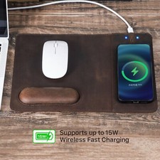 Leather Wireless Charging Mouse Pad with Leather Wrist Rest for Smartphone