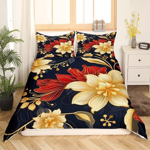 Red Floral Bedding Set Farmhouse Peony Flower Duvet Cover Set for Kids