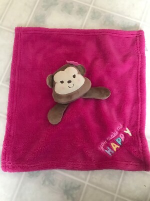Pink Cutie Pie Monkey You Make Me Happy Lovey Security Blanket Pink Flower