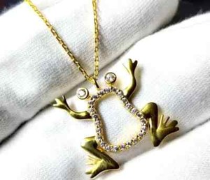 Authentic Round Cut Real Moissanite Frog Pendant 14K Yellow Gold Plated Silver Free Chain